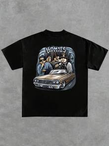 Artwork Shows Homies Cruising In A Classic Lowrider Car A Symbol Of Friendship And Loyalty Perfect For Hip Hop Streetwear Fashion Loving Adults Casual Fit Double Sided Graphic Adult Apparel - Black - View 3