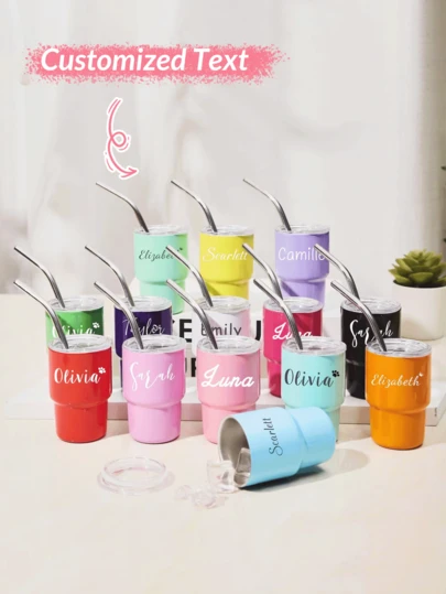 كأس معدني مصغر مع قش وغطاء سعة 3 أونصة مع اسم مخصص | كوب إسبريسو محمول للسيارة والقهوة والمشروبات المثلجة | هدية للوصيفات وحفل عروس وهدية زفاف للسيدات | محكم الإغلاق وقابل لإعادة الاستخدام