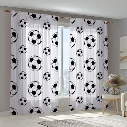 2pcs Football Life Sheer Curtains, Sports And Health, Semi Transparent Polyester Fiber Material, Through Pole Window Screen, Seasonal Home Window Decoration, Suitable For Kitchen, Living Room, Bedroom, Dining Room, Studio, Coffee Shop, Art Gallery Door Panels And Windows, Washable And Detachable, Easy To Install And Maintain.
