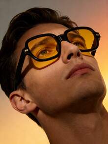 黑色镜框 黄色方形复古时尚眼镜，男女通用PC材质镜框，适合驾驶、度假、日常出行、时尚搭配、派对等场合佩戴。 - 黃色 - 查看 2