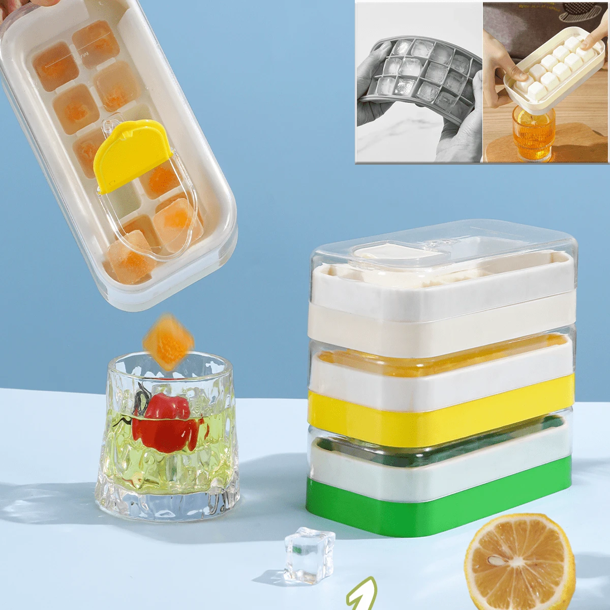 1个带盖厨房10格制冰盒，无需打开盖子即可制冰，软橡胶自制按压式制冰盒，夏季制冰工具 - 彩色 - 查看 1