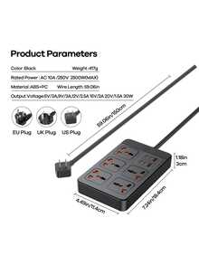 REMAX 30W Protector contra sobretensiones, cable de extensión plano, regleta de enchufes plana, 5 tomas de corriente espaciadas y 6 puertos de carga USB (4 puertos USB-C + 2 puertos USB-A), cable de 4 pies, para viajes, oficina, escuela, dormitorio, con interruptor de luz LED, negro - Ver 3
