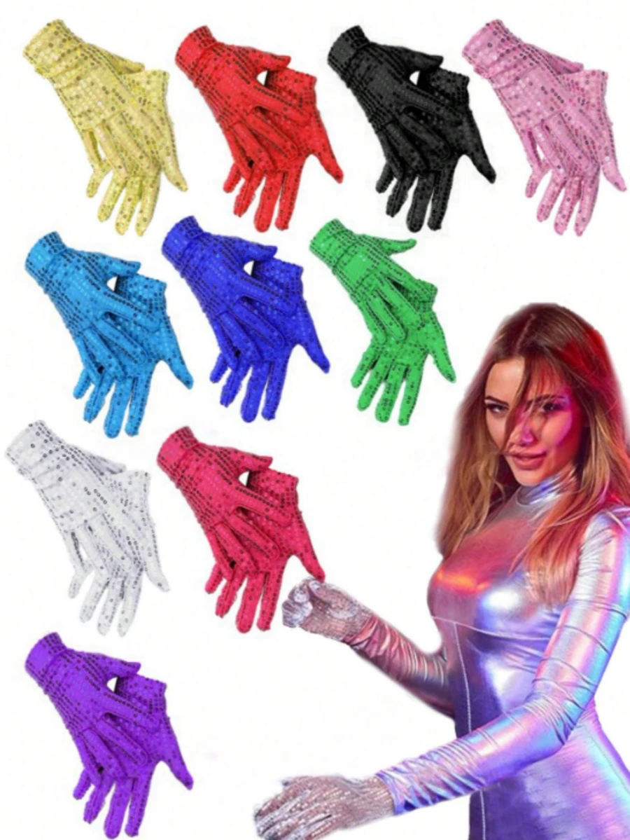 Disco And Y2K Style Sequin Gloves, Unisex - Suitable For Retro Cosplay, Disco Theme Parties, And Y2K Rave Gatherings - Multicolor - View 1