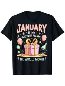 Plus Size, Women's Plus-Size T-Shirt, Size 0XL-5XL, Pure, Suitable For All Seasons, Super January Is My Birthday, The Whole Month Is The Same T-Shirt-Black Casual Pattern T-Shirt With Colorful Balloons, Party Hats And Sequins Design, High Elastic - màu đen - Xem 7