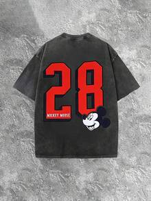 T-shirt d'été pour homme Disney Mickey Mouse, orné de 28 éléments, finition vieillie, coupe une pièce, en pur coton, confortable et respirant, style streetwear décontracté, col rond ; une marque de mode de haute qualité, un cadeau surprise idéal pour la famille et les amis. - Noir - Voir 3