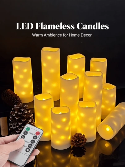 4/12pcs Flameless Candles With Remote Control And Timer, Battery Powered LED Candles With Fairy Lights, Flickering And Warm Glow, Waterproof Electronic Candles, Realistic Wax Candles, Flickering Flameless Candles, Pillar Candles, Suitable For Wedding Decor, Home Decor, Indoor/Outdoor Decor, Birthday Party Decor