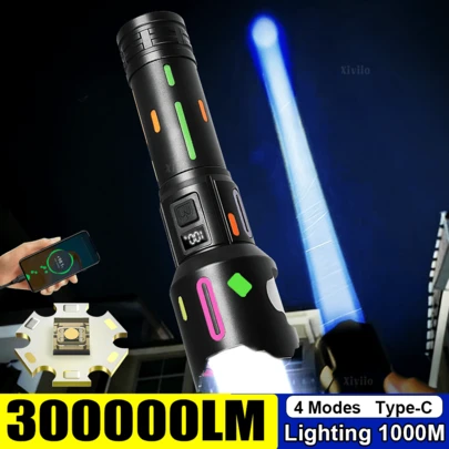 Super Bright 30W LED Flashlight High Power Torch 300000LM Stong Light Flashlight Rechargeable 18650 Lamp Lighting 1km Hunting Lantern