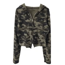 Spring Clothing, Tops, Polka Dot Hoodie, American Military Camouflage Pattern, Cropped, Women's, Double Zipper, Short Length, Oversized, Loose Fit, Slimming Effect, Street Style, Sweet And Edgy, Retro, Casual, Cute For Adults. - 迷彩色 - 查看 9