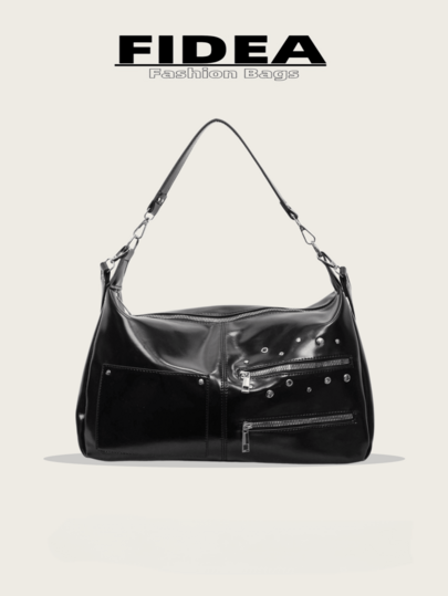 New Fashion Women's Large Capacity One Shoulder Tote Bag, Daily Street Style Crescent Bag, Solid Color PU Leather, Minimalist Versatile Rivet Inlaid Patchwork Design, Multiple Pockets Zipper Closure, Chic High-Quality Suitable For Travel, Shopping, Commuting