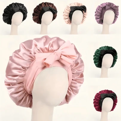 1件装奢华缎面睡眠帽，配有可调节蝴蝶结 - 轻盈护发帽，适用于卷发/辫发/自然发质，多种颜色可选，夜间护发必备，柔软贴合，优质浴室配件，理发沙龙美发产品及配件，美容旅行必备品