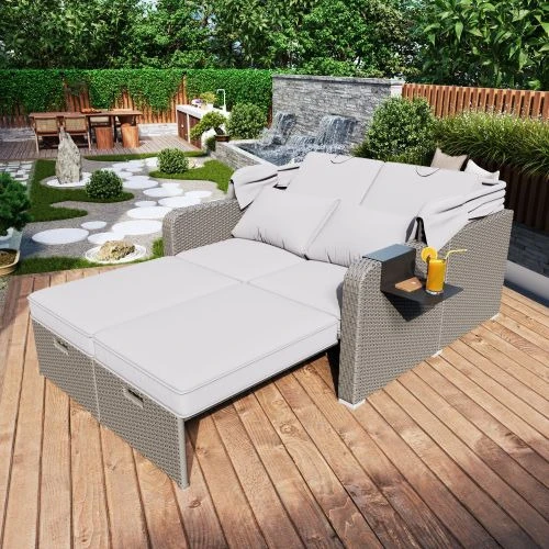 Double Poly-Rattan Garden Furniture Set, Garden Sofa, Reclining Sofa, Removable Canopy, Poly-Rattan And Sponge, Khaki - Khaki - View 1