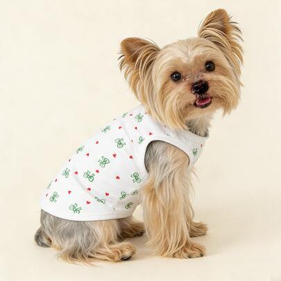 Stretchy Dog Vest, Green Bow & Heart Print Soft Sleeveless Shirt, Elastic Breathable Fabric Pet Vest