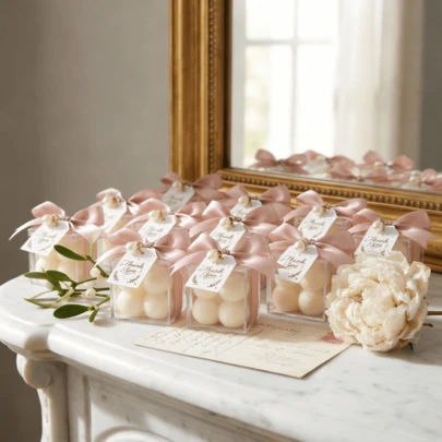 Bộ 10 nến bong bóng, màu trắng kem với ruy băng hồng nhạt và thiệp cảm ơn màu vàng, phong cách Pháp lãng mạn, lý tưởng cho các cô bạn gái người Pháp, hoàn hảo cho tiệc trà chiều của các cô gái và những buổi tụ họp của phái nữ Pháp.