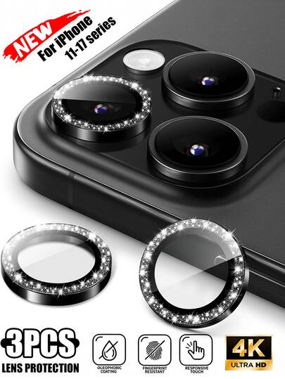 3 piezas Protector de lente de cámara para iPhone 17/Air/17 Pro/17 Pro Max/16 Pro Max/15 Pro Max/14 Pro Max/13/12/11Pro Max, Estuche protector de vidrio templado de metal con lentejuelas brillantes personalizadas 9H, transparente de alta definición (Negro)