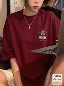 卡通印花短袖中长款T恤，女士夏季时尚休闲上衣 - 酒紅色 - 查看 3