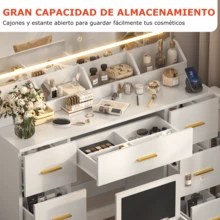 Tocador con Espejo LED y Taburete, 116 x 38 x 138 cm, Tocador con Iluminación LED Ajustable de 3 Colores, Mesa de Maquillaje con Enchufes y 7 Cajones de Almacenamiento, Soporte para Secador de Pelo, Blanco, Envío en 2 Paquetes - Enchufe EU Tipo E(220-240V) - Ver 7