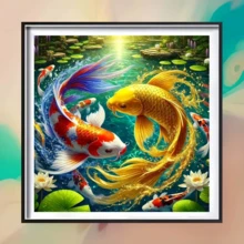 1件装新款锦鲤主题钻石画套装，5D圆形水晶钻石马赛克DIY工艺品，适合制作手工礼物、客厅卧室装饰，适用于宰牲节、父亲节、母亲节、婚礼、五一劳动节、复活节、圣诞节、情人节等节日，无框 - 查看 3