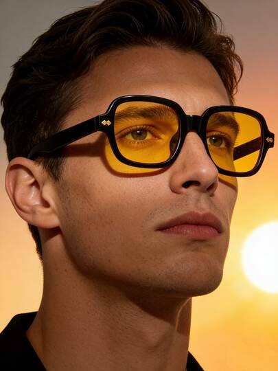 Black Frame Yellow Square Retro Fashion Fashion Glasses, Unisex PC Material Frame, Suitable For Driving, Vacation, Daily Outings, Fashion Matching, Parties, Wearing