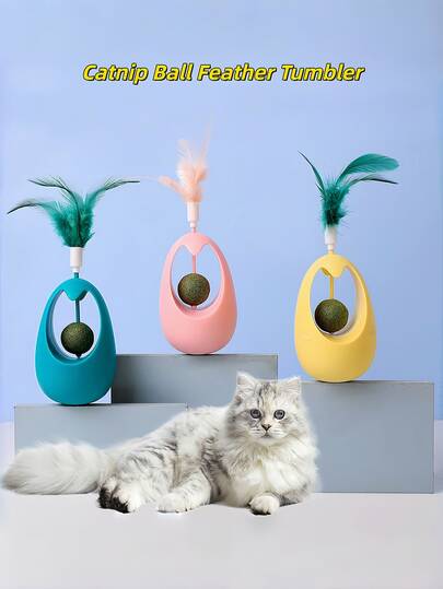 3-In-1 Feather & Catnip Ball Tumbler Toy For Cats - Plastic Interactive Toy, Self-Entertainment, Boredom Relief, Catnip Teaser, Teething Toy For Kittens