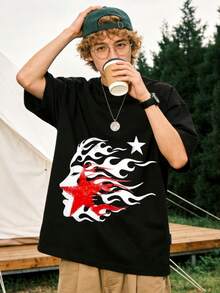 Men's Red Star Flame Face Graphic Black T-Shirt Casual Cotton Tee For Streetwear And Daily Wear, Crew Neck, Casual, Graphic Tee, Streetwear, Street Style, Daily Wear, Casual Outings, Music Events, Urban Fashion. - Black - View 2