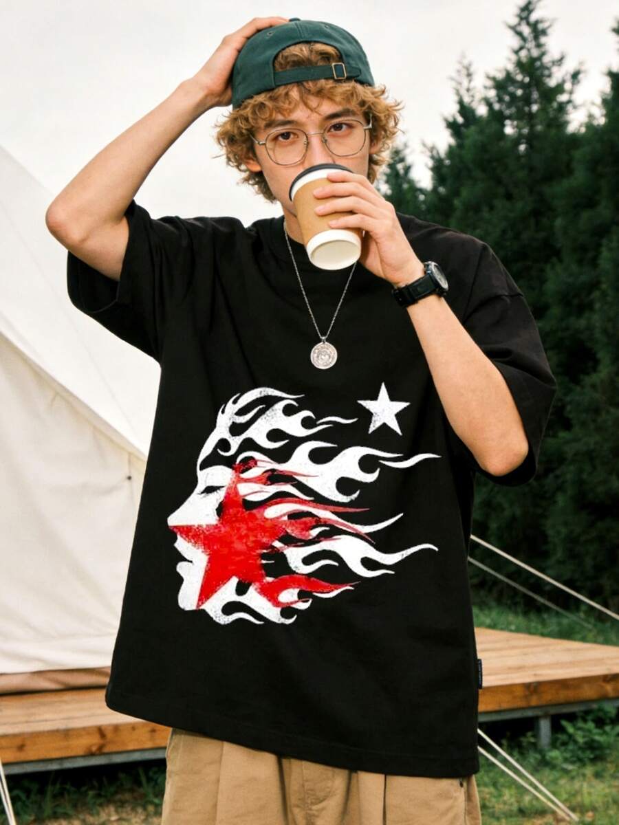 Men's Red Star Flame Face Graphic Black T-Shirt Casual Cotton Tee For Streetwear And Daily Wear, Crew Neck, Casual, Graphic Tee, Streetwear, Street Style, Daily Wear, Casual Outings, Music Events, Urban Fashion.