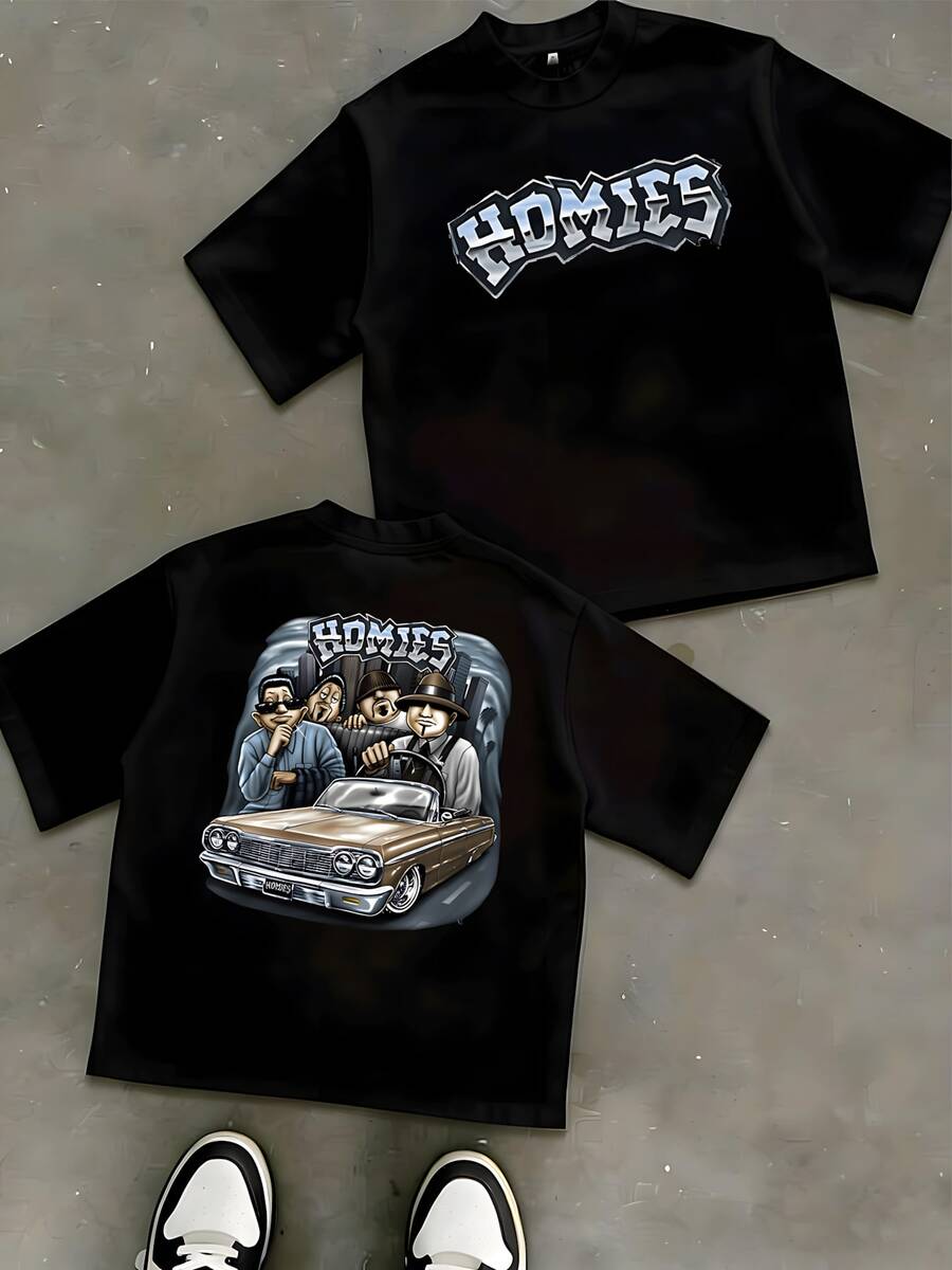 Artwork Shows Homies Cruising In A Classic Lowrider Car A Symbol Of Friendship And Loyalty Perfect For Hip Hop Streetwear Fashion Loving Adults Casual Fit Double Sided Graphic Adult Apparel - Black - View 1