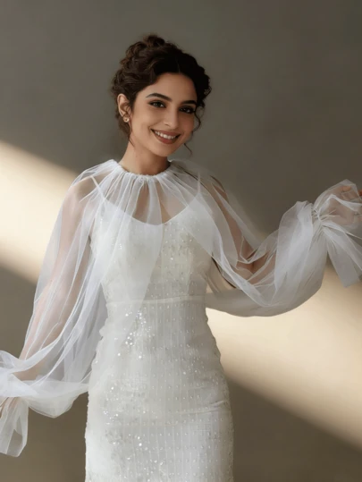 1pc Plus Size Simple White Chiffon Shawl Sleeve Jumpsuit, Suitable For Bride Wedding, Wedding Photo Shoot, Beach Vacation, Party Dress Outerwear, Black Long Sleeve Jacket