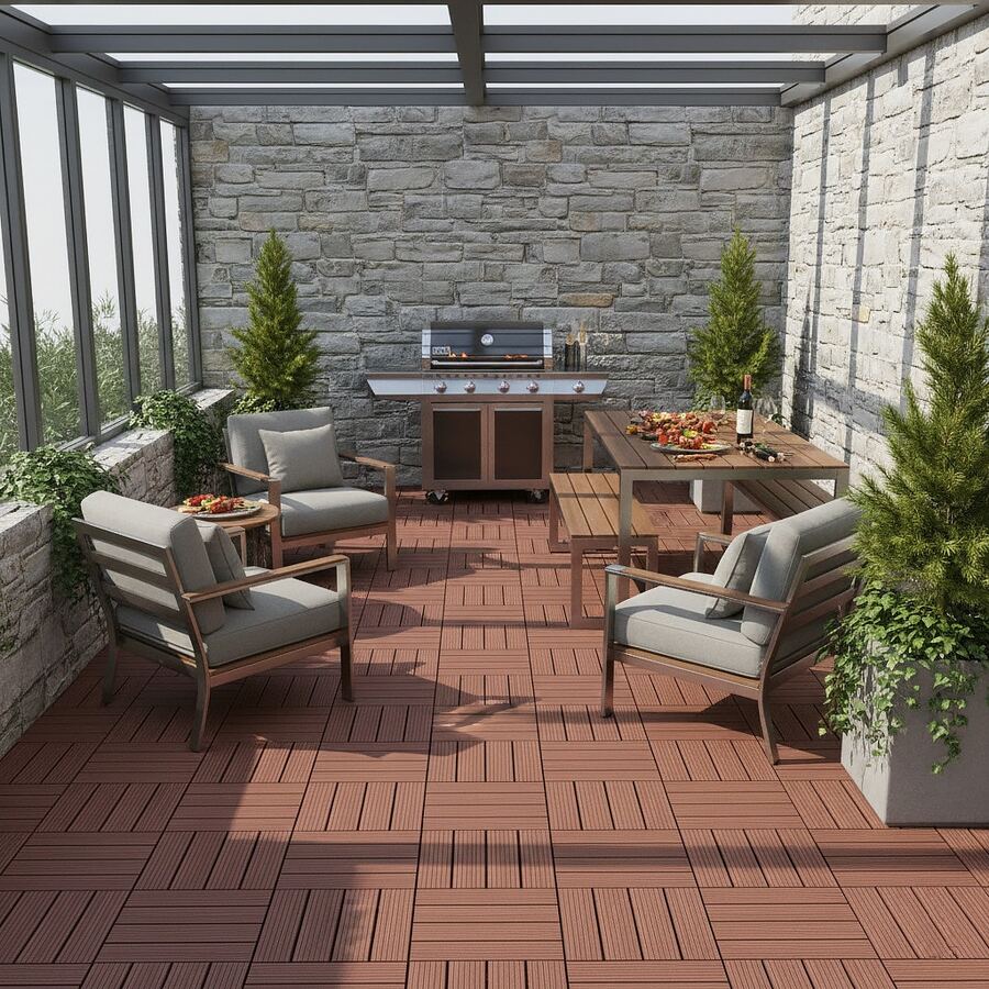 44 Pack Patio Deck Tiles, 12" X 12" Square Waterproof Outdoor All Weather Use, Plastic Interlocking Deck Tiles, Poolside Balcony Backyard Patio Floor Tiles - Brown-2(44 Pack) - 查看 1