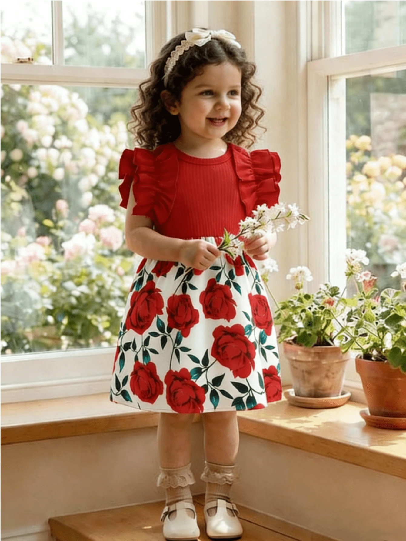 Baby Girls' Vintage Contrast Color Ruffle Hem Rose Print Cap Sleeve Dress, Cute & Stylish - Red - View 1