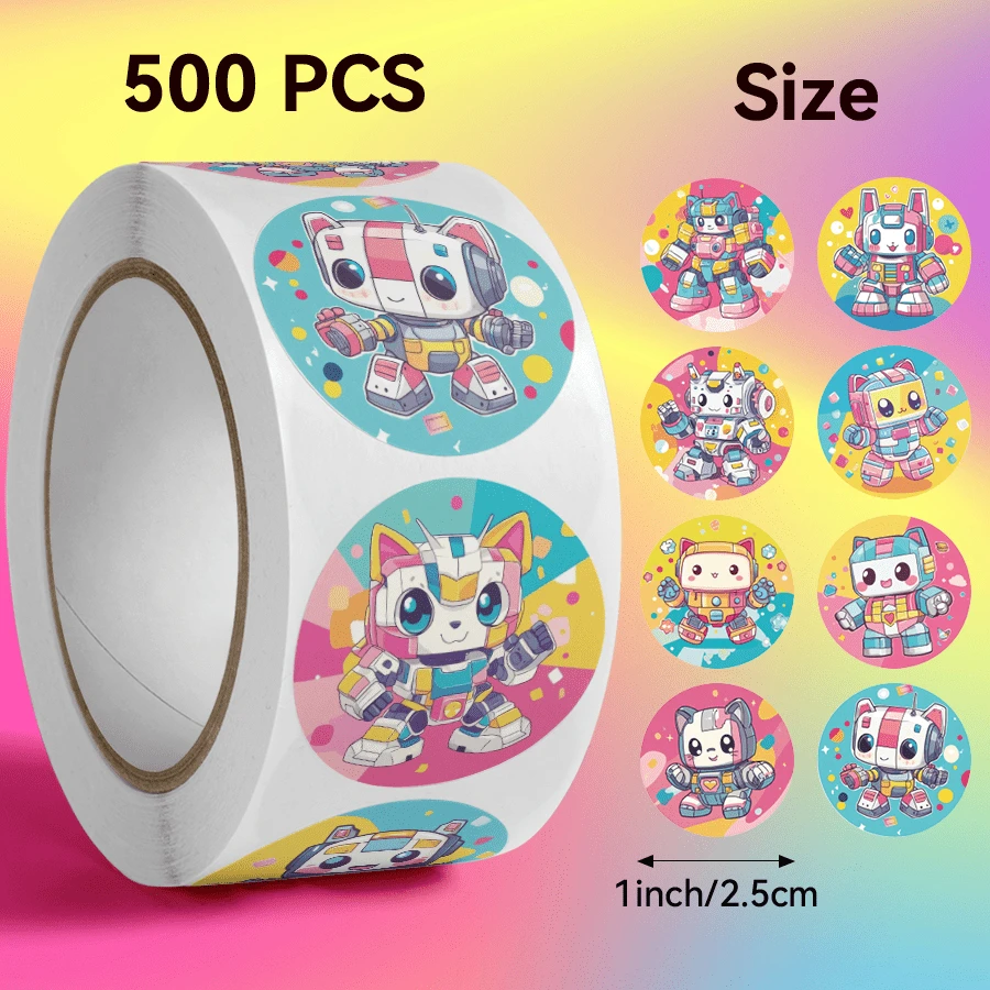 500PCS Mecha Cat Stickers Mini Rainbow Robot Theme Decorative Stickers Pixel Style Cute Mecha Scrapbooking DIY Stickers 1 Inch/2.5cm Stationery Seal Labels - Multicolor - View 1