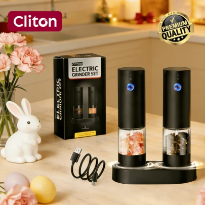 CLITON 300mAh Rechargeable Electric Pepper Grinder - Premium Eid Al-Fitr Gift For Middle East, Essential For Elegant Kitchen, Perfect For Cozy Family Gatherings, Matte Body + CD Pattern Round Button, Visible Spice/Salt Level Scale, Adjustable Ceramic Grinder, Type-C Charging, With Auto Indicator Light + Storage Base