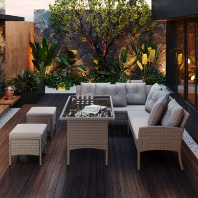 Conjunto de mesa e cadeiras de vime de polietileno de 7 peças para relaxamento, incluindo sofá, mesa, banquetas e almofadas, capa removível e lavável, cor cáqui.