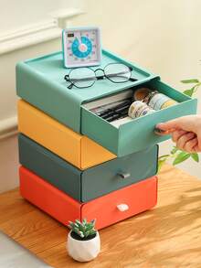 Macaron Color Stackable Desktop Storage Drawers, Fashionable Desktop Organizer Box, Suitable For Office Supplies, Desktop Storage Box (Handle Color Random) Office Desk Accessories Desk Accessories Pen Holder Office Accessories - Macaron Colors - View 3