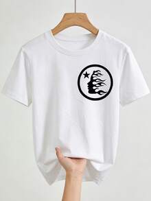 Men's Star Flame Face Graphic White T-Shirt Casual Cotton Tee For Streetwear And Daily Wear, Crew Neck, Casual, Graphic Tee, Streetwear, Street Style, Daily Wear, Casual Outings, Music Events, Urban Fashion. - White - View 4