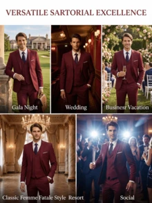 Men's 3 PiecesSuit Set Blazer&Vest&Pants Wedding Groom Attire Elegant Tuxedo Men Clothes For Special Occasions Wedding Receptions Gala Dinners Classic - Burgundy - View 6