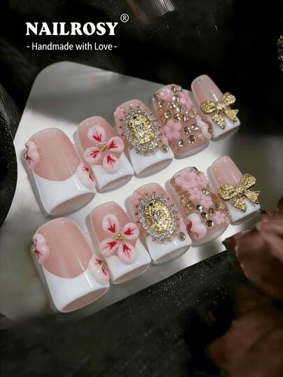 nailrosy 10pcs Handmade Multi-Color Dopamine Pressed 3D Y2K Duck Mouth Reusable False Nails, Rhinestone Colorful French Manicure