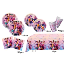 96pcs KPOP Demon Slayer Birthday Party Tableware Set, Includes 7/9 Inch Plates, 9oz Cups, Cutlery, Birthday Banner, Napkins, Tablecloth, Anime Themed Disposable Party Supplies For Birthday And Graduation - Multicolor - View 3