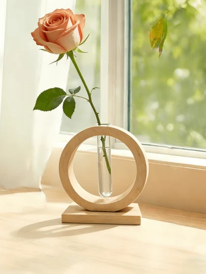 1个木质玻璃花瓶，透明玻璃试管造型，可盛放水生花卉、人造干花，适用于花卉装饰、简约餐桌摆设、家居装饰、花瓶、中心装饰品、情人节餐桌装饰、庭院装饰、花盆、户外装饰、玻璃花瓶