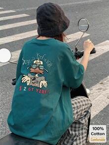 卡通印花短袖中长款T恤，女士夏季时尚休闲上衣 - 墨綠色 - 查看 2