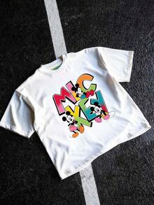 T-shirt d'été pour homme Disney Mickey Mouse classique, finition vieillie, coupe une pièce, tissu pur coton, confortable et respirant, style streetwear décontracté, col rond ; une marque de mode de haute qualité, c'est le cadeau surprise idéal pour la famille et les amis. - Blanc - Voir 2