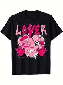 "Lover" Pink Drip Heart Graphic Tee - 100%, Soft & Breathable, Casual Round Neck T-Shirt, Perfect For Couples & Friends, Black, Sizes S-XXXL, Plus Size Art Tshirt - 黑色 - 查看 1