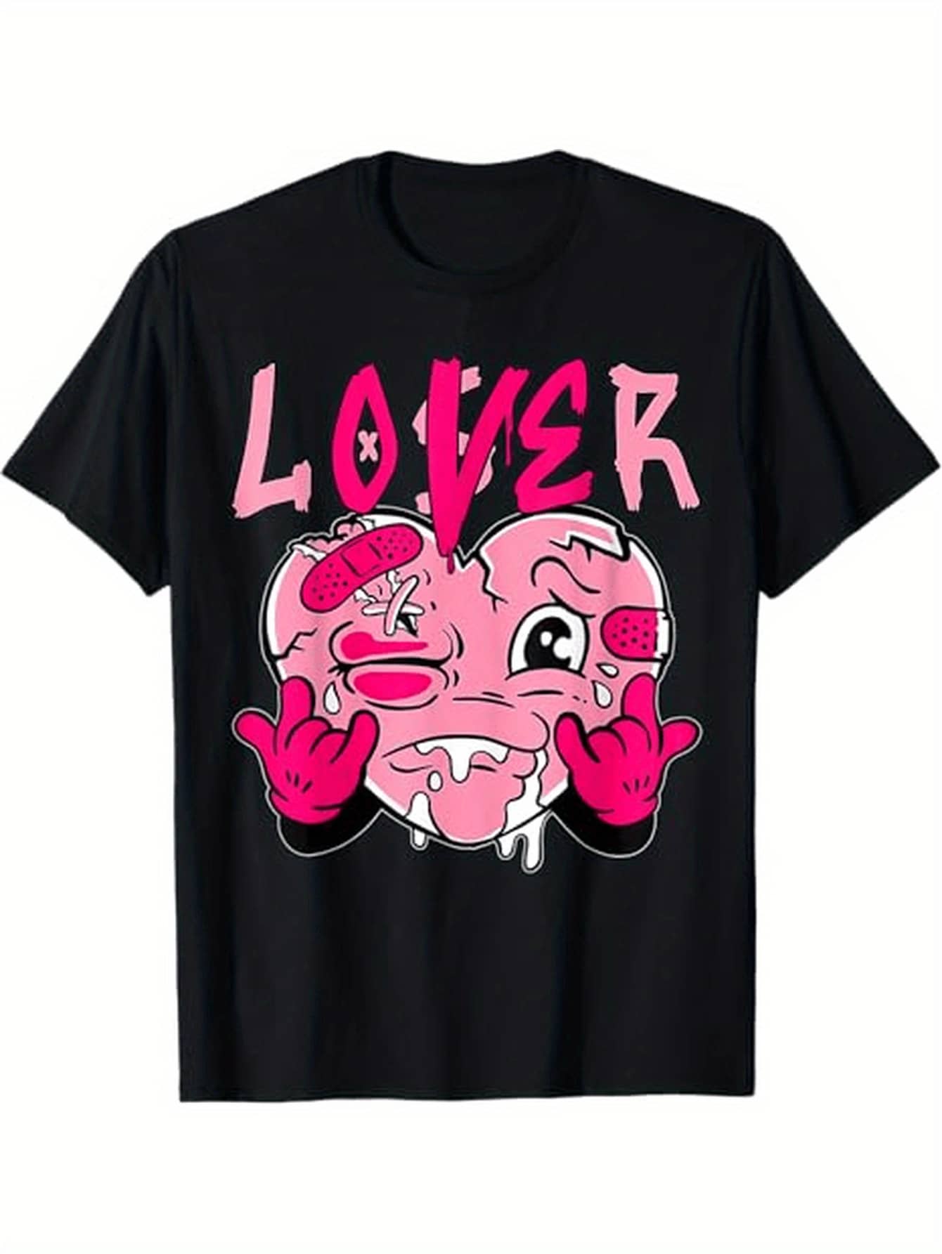 "Lover" Pink Drip Heart Graphic Tee - 100%, Soft & Breathable, Casual Round Neck T-Shirt, Perfect For Couples & Friends, Black, Sizes S-XXXL, Plus Size Art Tshirt - 黑色 - 查看 1