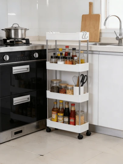 White Multi-Tier Hanging Storage Rack, Movable Utility Cart, Suitable For Kitchen, Bathroom, Living Room, Multi-Functional High Capacity Home & Outdoor Decor