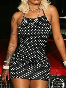 Đầm ngắn ôm sát gợi cảm không tay dây mảnh dành cho nữ, họa tiết chấm bi hở lưng, thích hợp cho tiệc tùng và câu lạc bộ. - màu đen - Xem 5