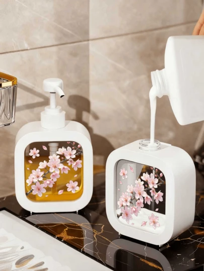 Creative Bathroom Dispenser Bottle, Pink Sakura Blossom And Petals Design, Suitable For Bathroom, Kitchen, Sink - Great For Hand Soap, Body Wash, Lotion - Creative Lotion Dispenser, Bathroom Accessories