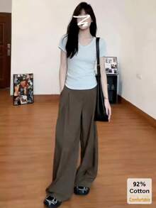 2026 Spring/Summer New V-Neck Short Sleeve T-Shirt, Versatile Heather Gray Solid Color Slim Fit Casual Top For Women - Gray - View 2