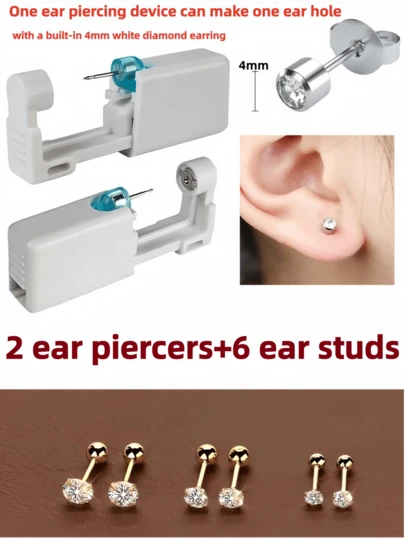 2 piezas Kit de perforación de orejas (incluye 1 pendiente de circonita) + 6 piezas Pendientes roscados con diamantes, Herramienta de perforación de orejas de un solo uso, Kit de perforación de orejas