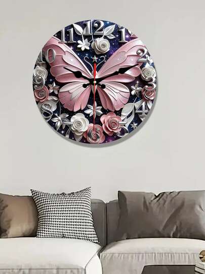1pc 2D Flat Pink Butterfly Rose Starry Sky Dream Wooden Wall Clock | Silent Swiss Round Quartz, Suitable For Bedroom, Living Room, Office, Decoration, 10/12 Inches, Christmas Ornament, AA Batteries Not Included