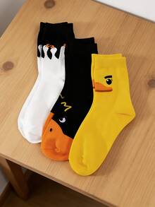 3双可爱小鸭图案中筒袜，舒适透气 - 彩色 - 查看 4