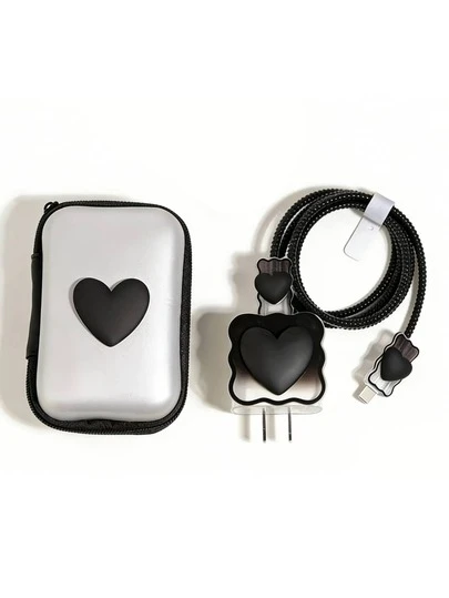 6pcs Black Heart Charger Protector Set, 20W Fast Charging Adapter & Data Cable Organizer, Girly Accessories High-Quality Black Heart Charger Protector Kit, Data Cable Management, Travel Essential, Gift For Friends, Ideal For Holidays, Christmas Gift